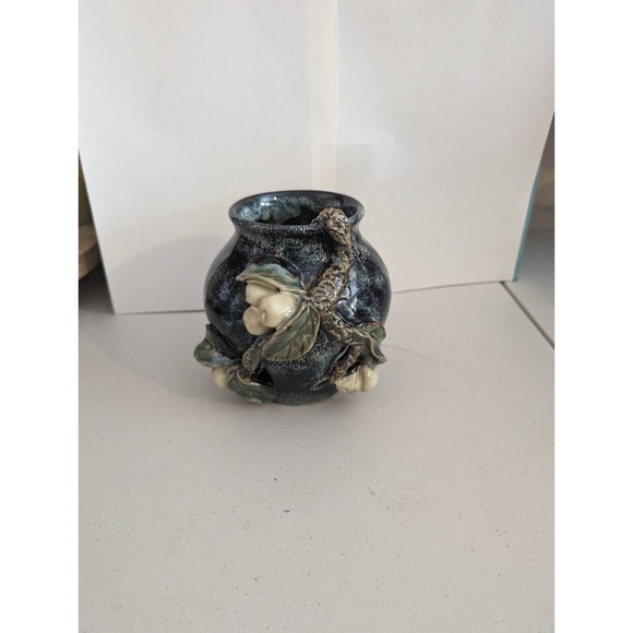 Studio art vase Navy and white with 3D style Branch, leaves, and fruit Signed - Picture 1 of 6